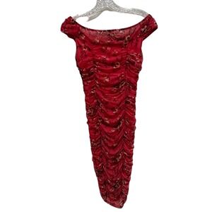 LEITH Ruched‎ Off Shoulder Floral Print Mesh Dress Pink Size S